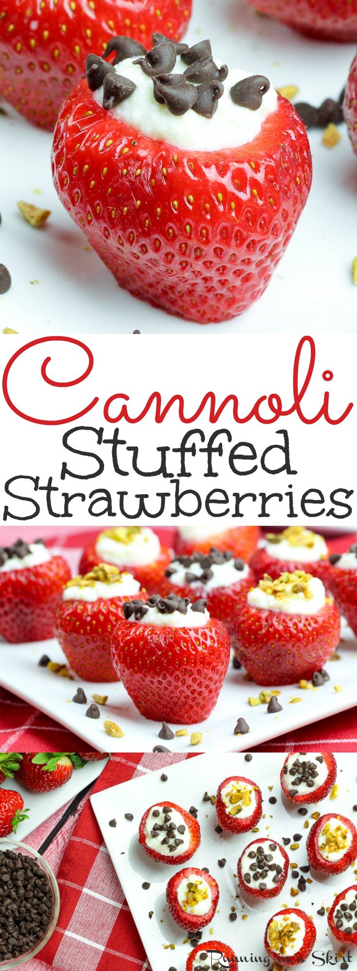 Easy & Healthy Cannoli Stuffed Strawberries recipe - a simple, low carb dessert with classic ricotta stuffing! These berries are the perfect fruit treats for summer parties like 4th of July, Memorial Day or Labor Day- also Valentine's Day! Also gluten free. / Running in a Skirt via @juliewunder