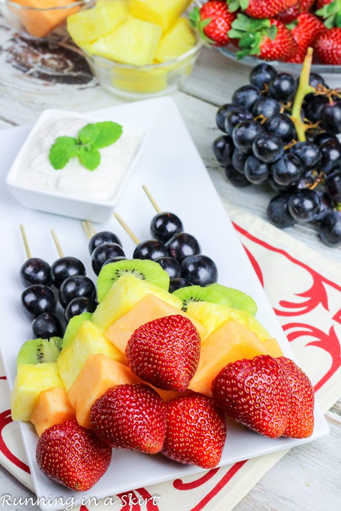 Rainbow Fruit Skewers with Greek Yogurt Honey Lime Sauce