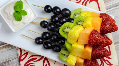 Rainbow Fruit Skewers with Greek Yogurt Honey Lime Sauce
