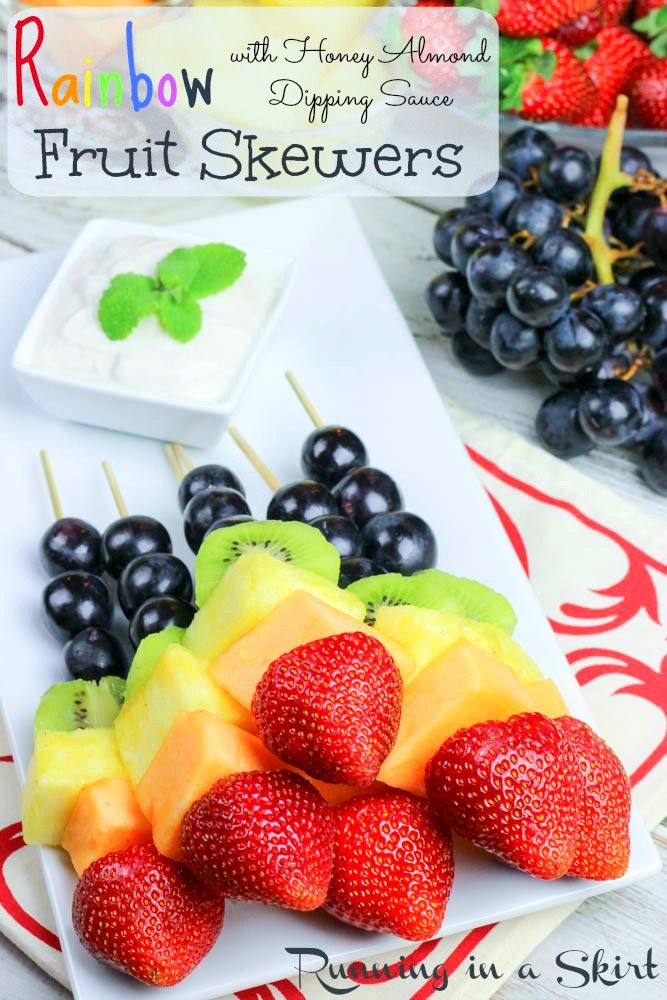 Rainbow Fruit Skewers with Greek Yogurt Honey Lime Sauce