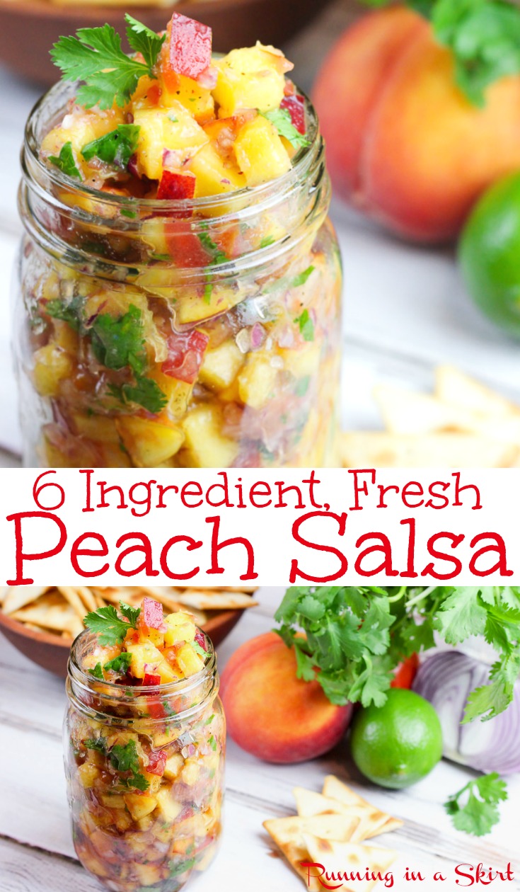 The Best Fresh Peach Salsa recipe. This 6 Ingredient simple, easy and healthy fruit salsa is perfect for summer. Uses lime juice, cilantro, jalapeno and a tomato. Uses include a homemade dip with chips for an appetizer or a topping for grilled fish like salmon or tilapia, shrimp or tacos for dinner. No cooking required! Vegan and gluten free. / Running in a Skirt via @juliewunder