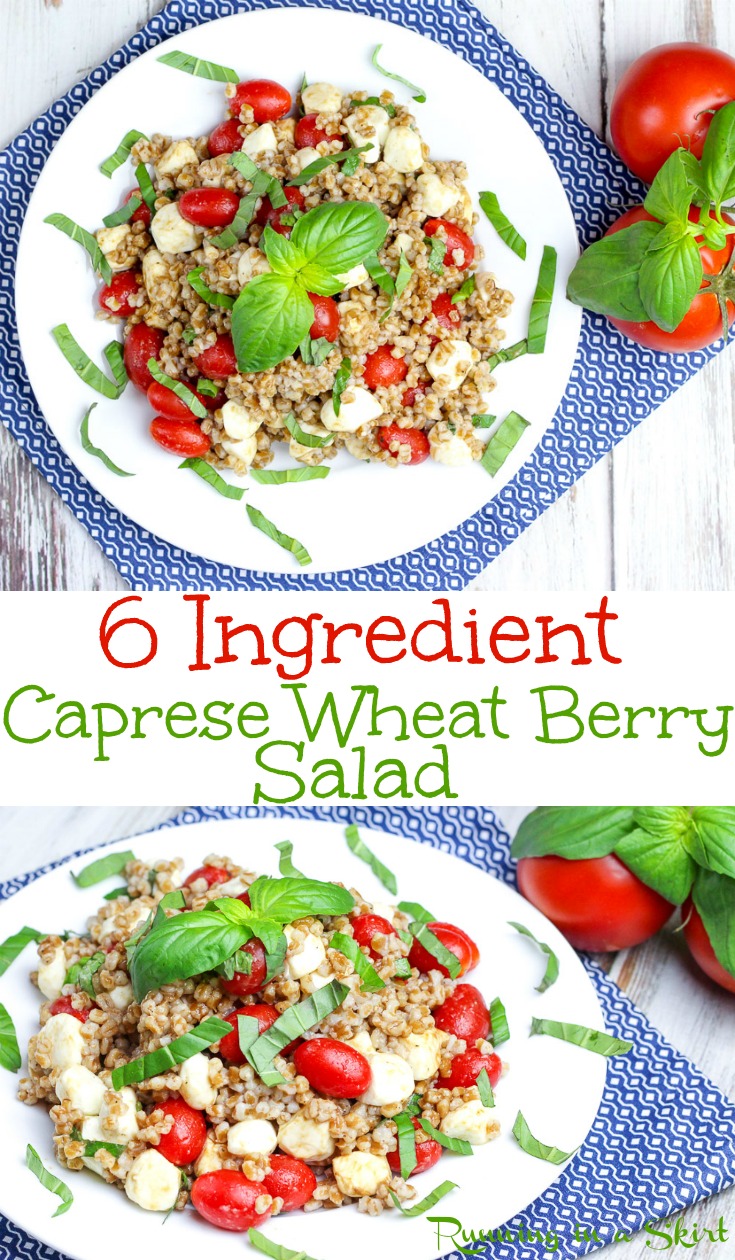 6 Ingredient Caprese Wheat Berry Salad recipe. Looking for wheat berry recipes or how to cook wheat berry?  This healthy, nutrition-packed salad is a perfect food.  Simple with fresh mozzarella, tomato, and basil.  Vegetarian and clean eating. You can sub quinoa for a gluten free idea. / Running in a Skirt via @juliewunder