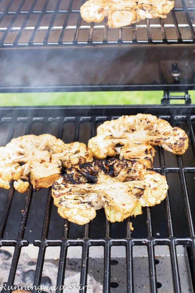 Cauliflower steaks on the grill.