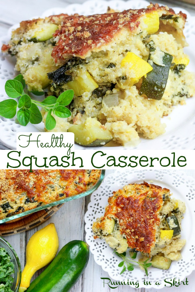 Healthy Squash Casserole recipe - Southern Style with yellow squash, zucchini AND clean eating & heart healthy with greek yogurt. This easy baked summer squash recipe is the best, super tasty and good for you with quinoa and kale plus NO mayonnaise. Vegetarian. / Running in a Skirt #squash #vegetarian #healthy #casserole #southern via @juliewunder