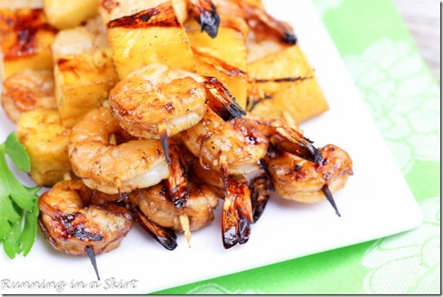 Shrimp and Pineapple Kabobs with a closeup of the shrimp.