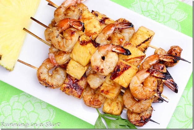 Overhead shot of finished Shrimp Pineapple Kabobs