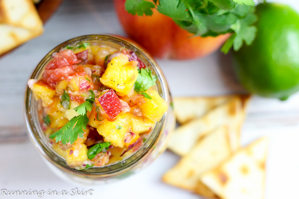 Overhead shot of the peach salsa with chips.