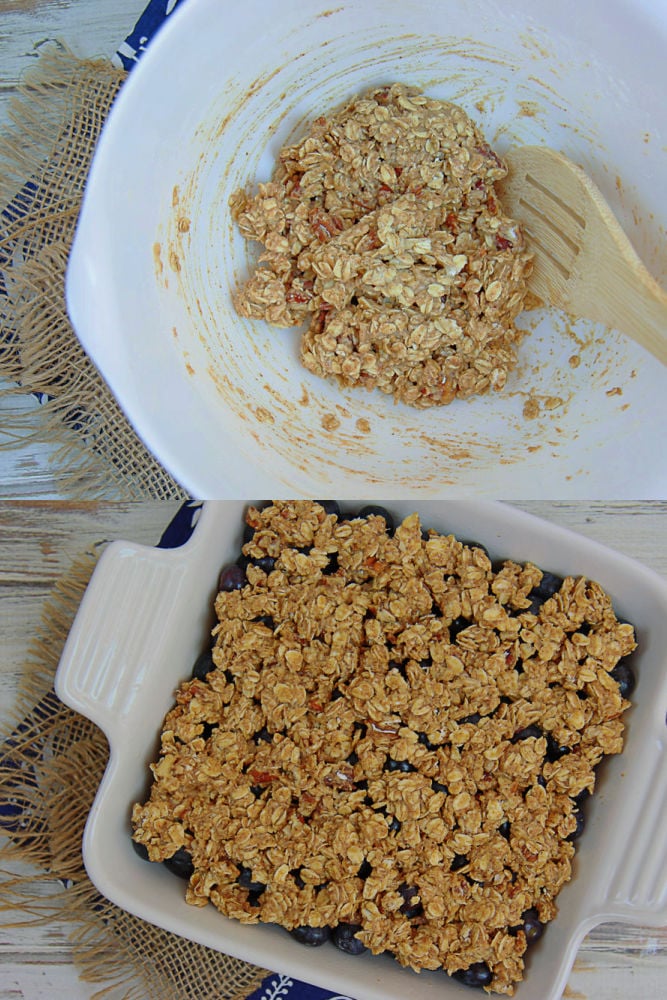 Process photo collage showing how to prepare the healthy blueberry crisp topping.