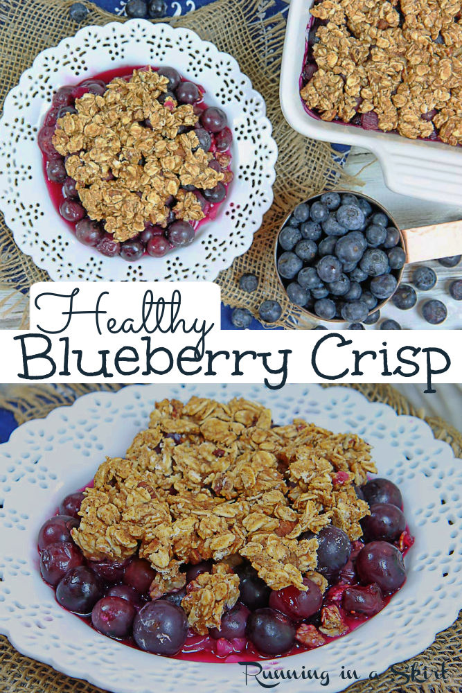 Healthy Blueberry Crisp recipe - easy & simple! The best Blueberry Crumble with honey instead of white sugar and apple sauce instead of butter. Oil free, dairy free, vegan and gluten free! Make with fresh or using frozen blueberries. A perfect healthy fruit crisp recipe for summer. Running in a Skirt #vegan #dairyfree #glutenfree #oilfree #blueberrycrisp #blueberrydessert #healthydessert via @juliewunder