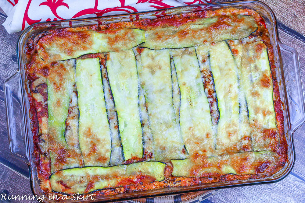 No Noodle Vegetarian Zucchini Lasagna in a baking dish.