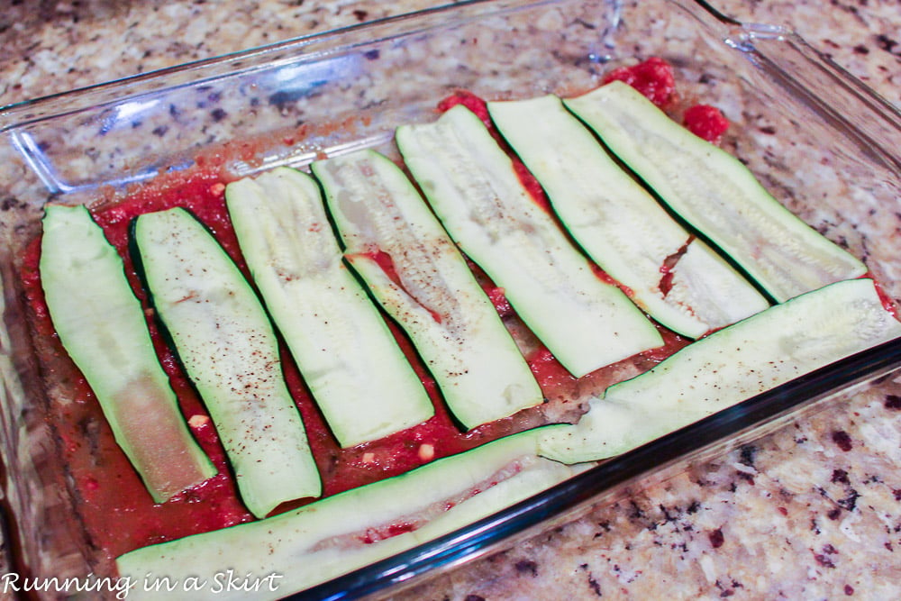 layering lasagna for no noodle vegetarian zucchini lasagna