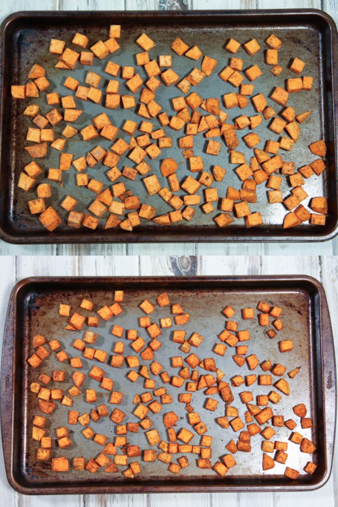 Process photo collage showing how to roast the sweet potatoes.