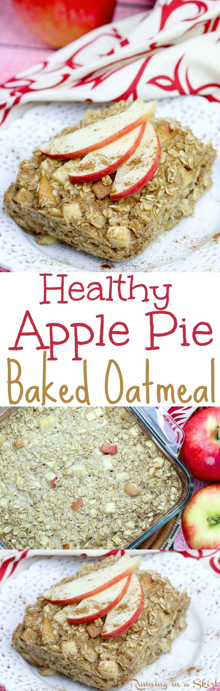 Healthy Apple Pie Baked Oatmeal recipe. The perfect clean eating apple baked oatmeal for fall morning! Easy and delicious using rolled oats, eggs, cinnamon and apple sauce! Dairy-free and gluten-free friendly. / Running in a Skirt via @juliewunder