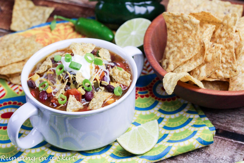 Vegetarian Taco Soup Crock Pot Recipe - so tasty and simple! Perfect weekday meal./ Running in a Skirt