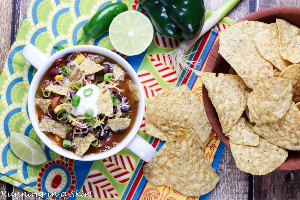 Overhead shot with chips, lime and green onions.