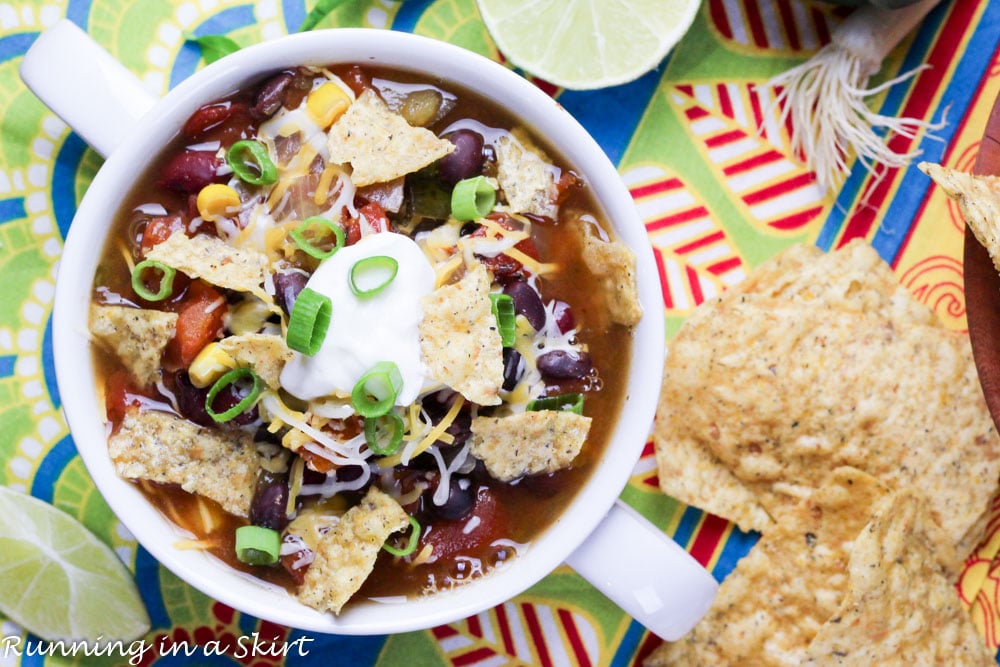 Vegetarian Taco Soup Crock Pot Recipe - so tasty and simple! Perfect weekday meal./ Running in a Skirt