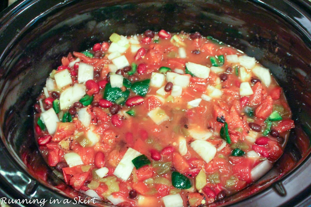 Vegetarian Taco Soup cooking in a crock pot - slow cooker.