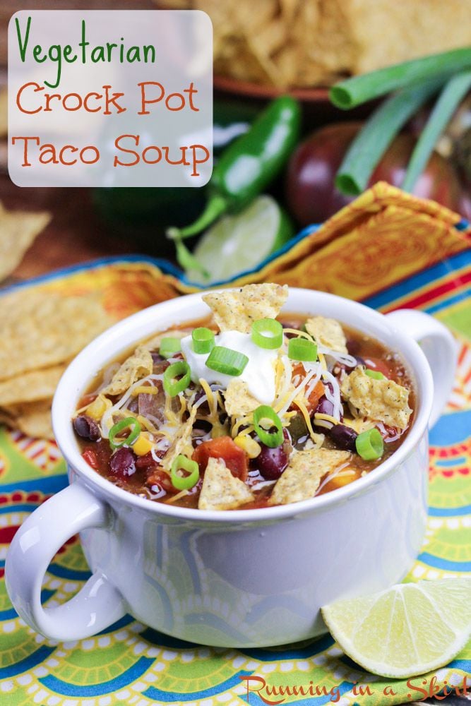 Vegetarian Taco Soup Crock Pot Recipe - so tasty and simple! Perfect weekday meal./ Running in a Skirt