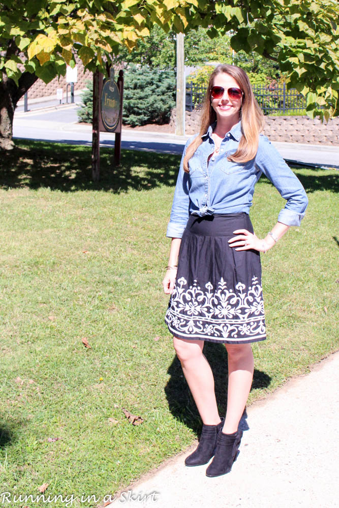 Black and White Skirt with Denim Shirt - cute way to mix up closet staples/ Running in a Skirt