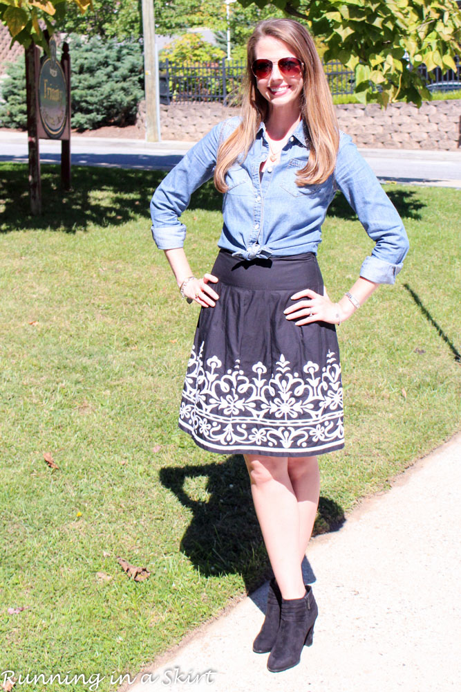 Black and White Skirt with Denim Shirt - cute way to mix up closet staples/ Running in a Skirt