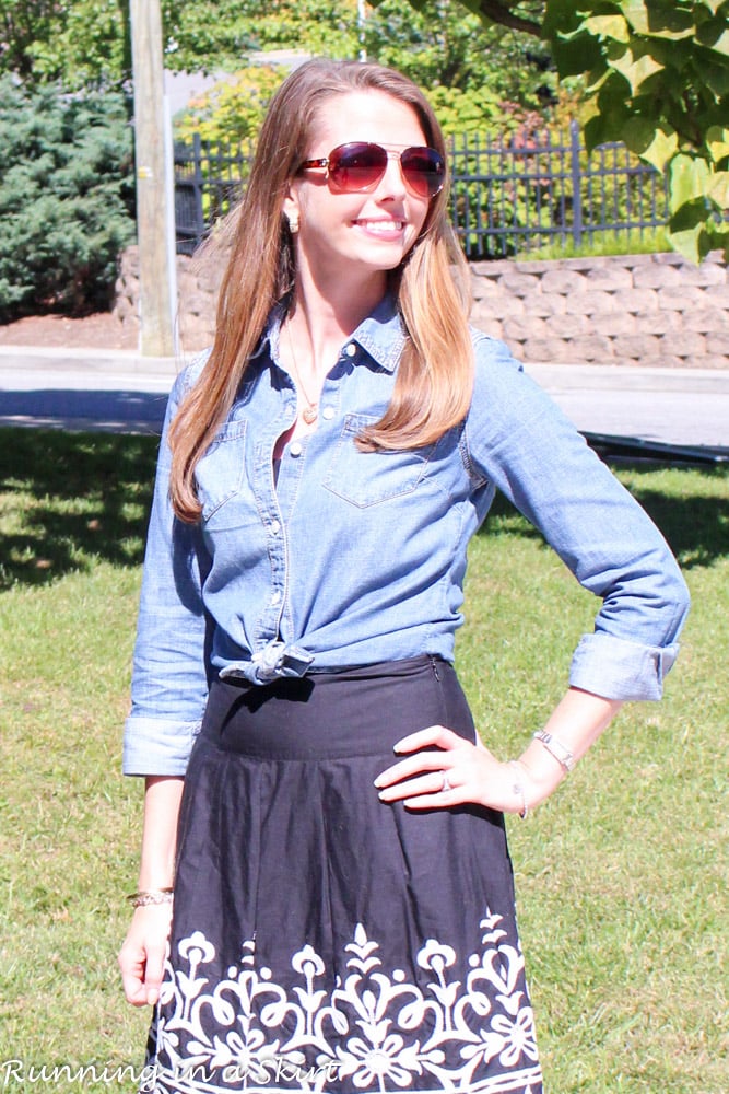 Denim shirt and black skirt | Womens fashion, Style, Fashion