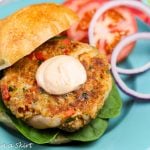 Cajun Shrimp Burger on a blue plate.