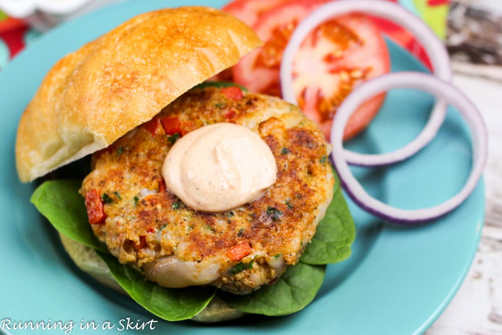 Cajun Shrimp Burger on a blue plate.