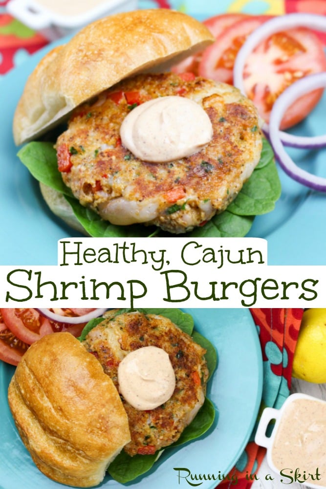 Cajun Shrimp Burger recipe - healthy & easy. Includes a greek yogurt cajun sauce and directions on how to make a chunky burger that tastes amazing and indulgent. Grilled or cooked on the stove. Inspired by Red Fish on Hilton Head, South Carolina. The perfect pescatarian burger! / Running in a Skirt #shrimp #pescatarian #seafood #burger #cajun #healthy via @juliewunder