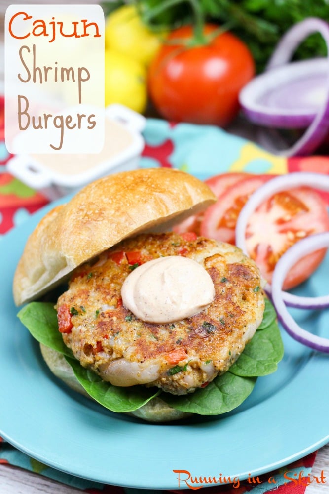 Cajun Shrimp Burgers on a blue plate Pinterest Pin