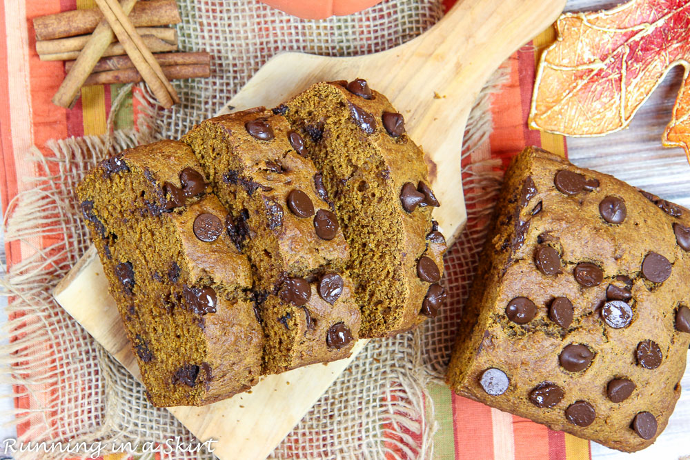 Healthy Greek Yogurt Pumpkin Bread overhead shot showing the bread on a cutting board.