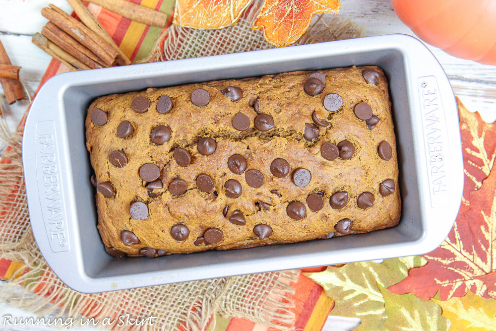 Healthy Greek Yogurt Pumpkin Bread in a loaf pan after baking.