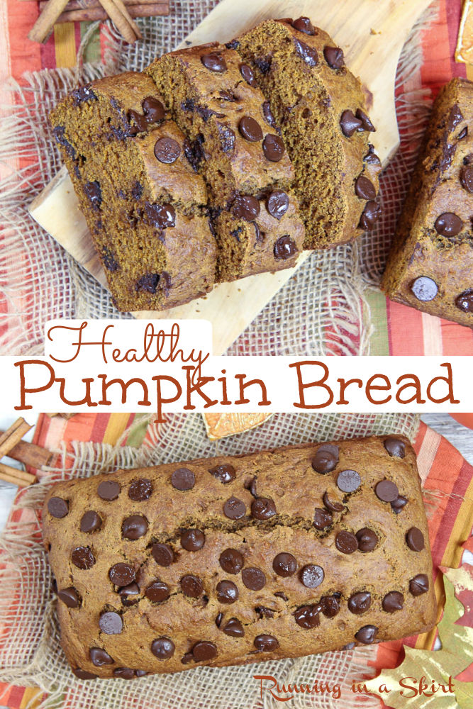 Healthy Pumpkin Bread Recipe with Greek yogurt. Clean eating baking with coconut oil and coconut sugar. Made with or without chocolate chips this Pumpkin Loaf is super moist and fluffy. The best, easy and simple fall baking project or quick bread. Vegetarian / Running in a Skirt #fallbaking #pumpkin #pumpkinrecipes #healthybaking via @juliewunder