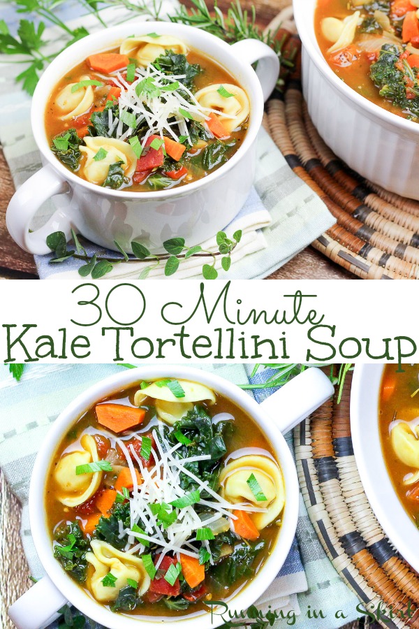 30 Minute Vegetarian Kale Tortellini Soup recipe - healthy, quick, easy and packed with vegetables like carrots, onion, tomato. Made stovetop and uses frozen cheese tortellini. The perfect meatless comfort foods for families or couples. / Running in a Skirt #soup #vegetarian #healthy #recipe #kale #tortellini #30minutemeal #mealplanning #pasta #meatless #meatlessmonday via @juliewunder