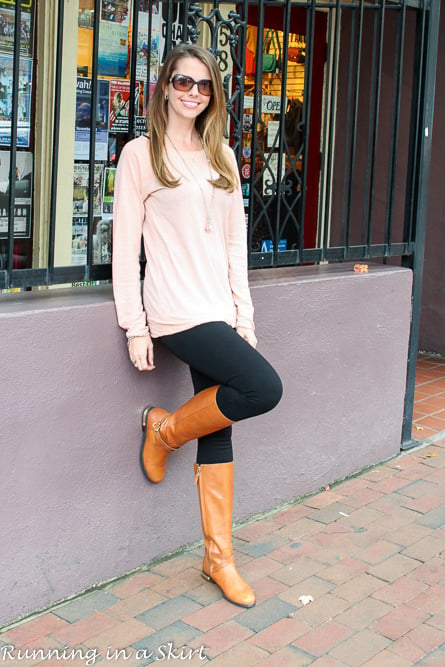 Fall/Winter look - pale pink tunic with black leggings and brown riding boots/ Running in a Skirt