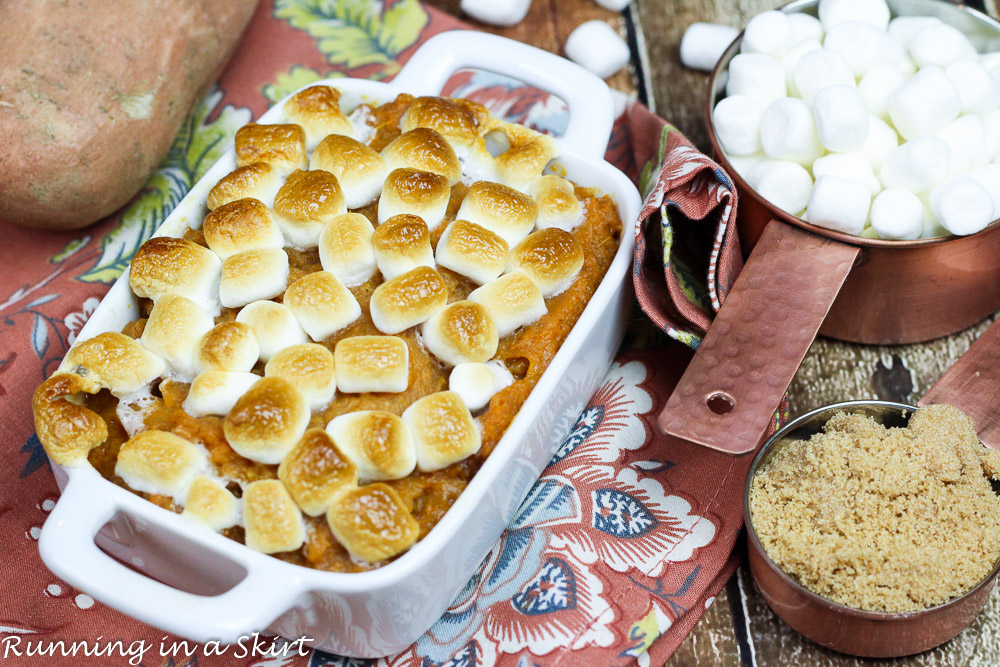 Best Sweet Potato Casserole with Marshmallows - My Mom's famous recipe- the real deal with butter and brown sugar- doesn't get any better than this!/ Running in a Skirt