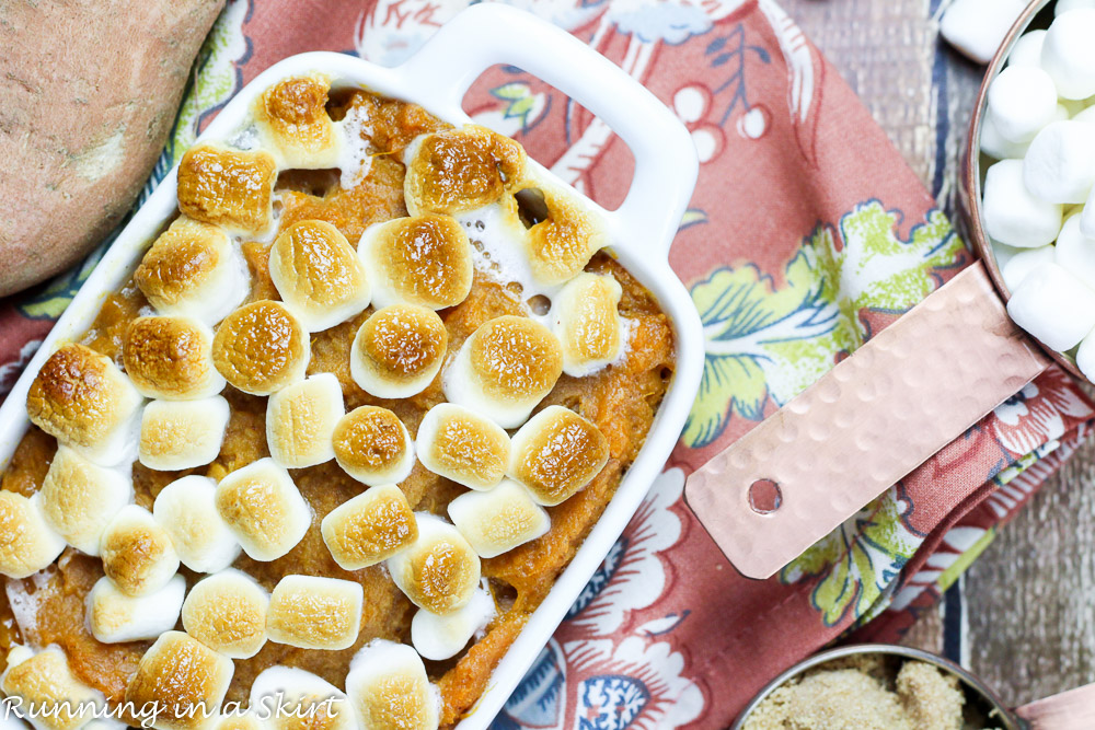 Best Sweet Potato Casserole with Marshmallows - My Mom's famous recipe- the real deal with butter and brown sugar- doesn't get any better than this!/ Running in a Skirt