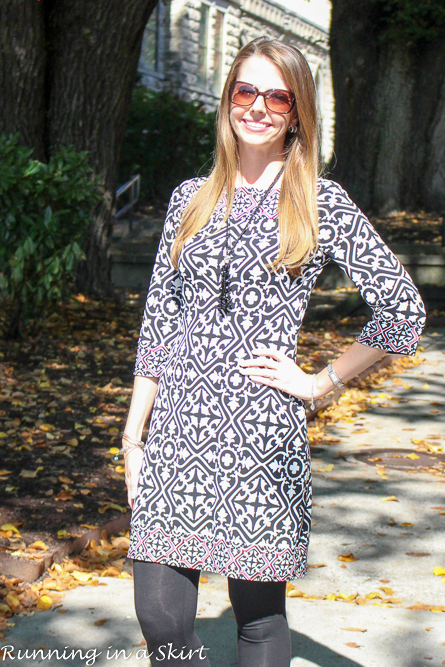 Black and White Print Dress with Leggings- ideal for traveling!/ Running in a Skirt