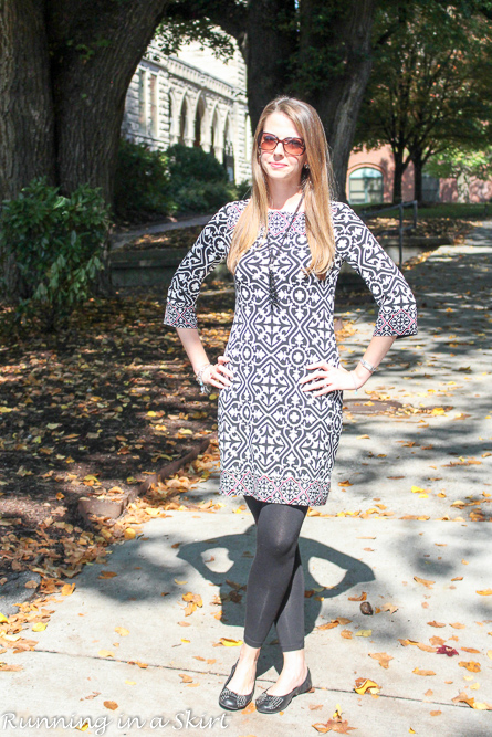 Black and White Print Dress with Leggings- ideal for traveling!/ Running in a Skirt