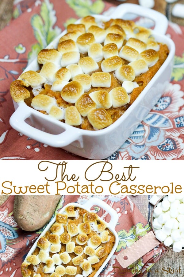 The Best Sweet Potato Casserole with marshmallows recipe! My Mom's easy, simple famous family recipe! This is the real deal with brown sugar, butter and without nuts! The best comfort foods for dinners and the perfect addition to Thanksgiving dinner. A great holiday, fall or Thanksgiving sides. | Running in a Skirt via @juliewunder