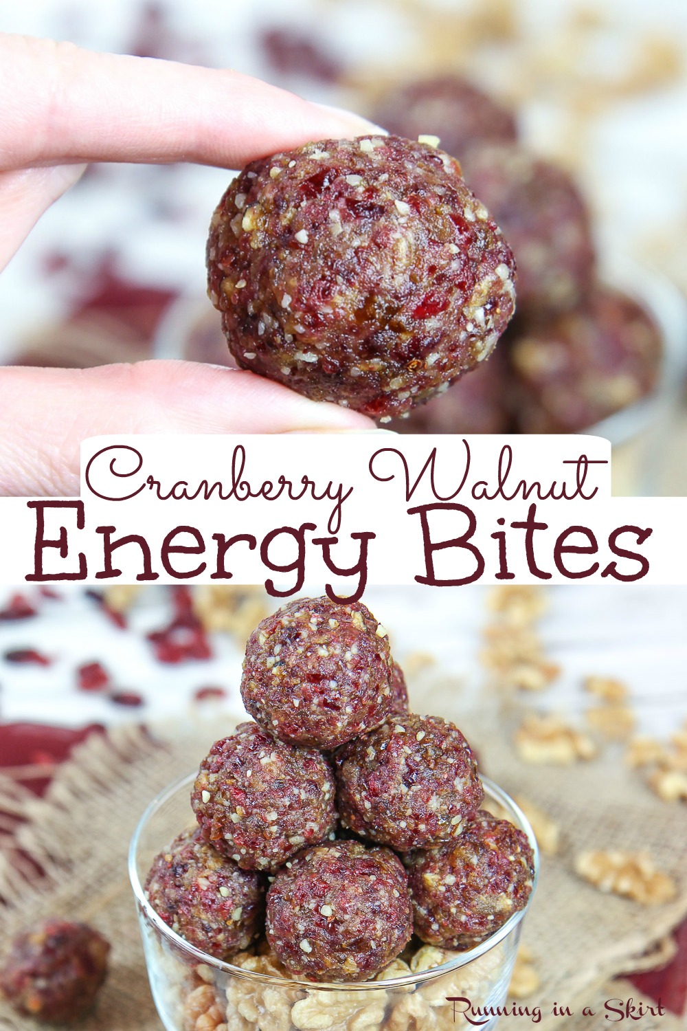 Cranberry Energy Bites with Walnuts - No Bake and only 4 ingredients! Healthy Energy Bites (low calorie) that are perfectly sweet with Medjool dates and vanilla (no sugar added.) A Holiday Energy Ball that's homemade and easy! Vegan, Vegetarian, Gluten Free / Running in a Skirt #vegan #vegetarian #healthy #healthyliving #energybite #energyball via @juliewunder