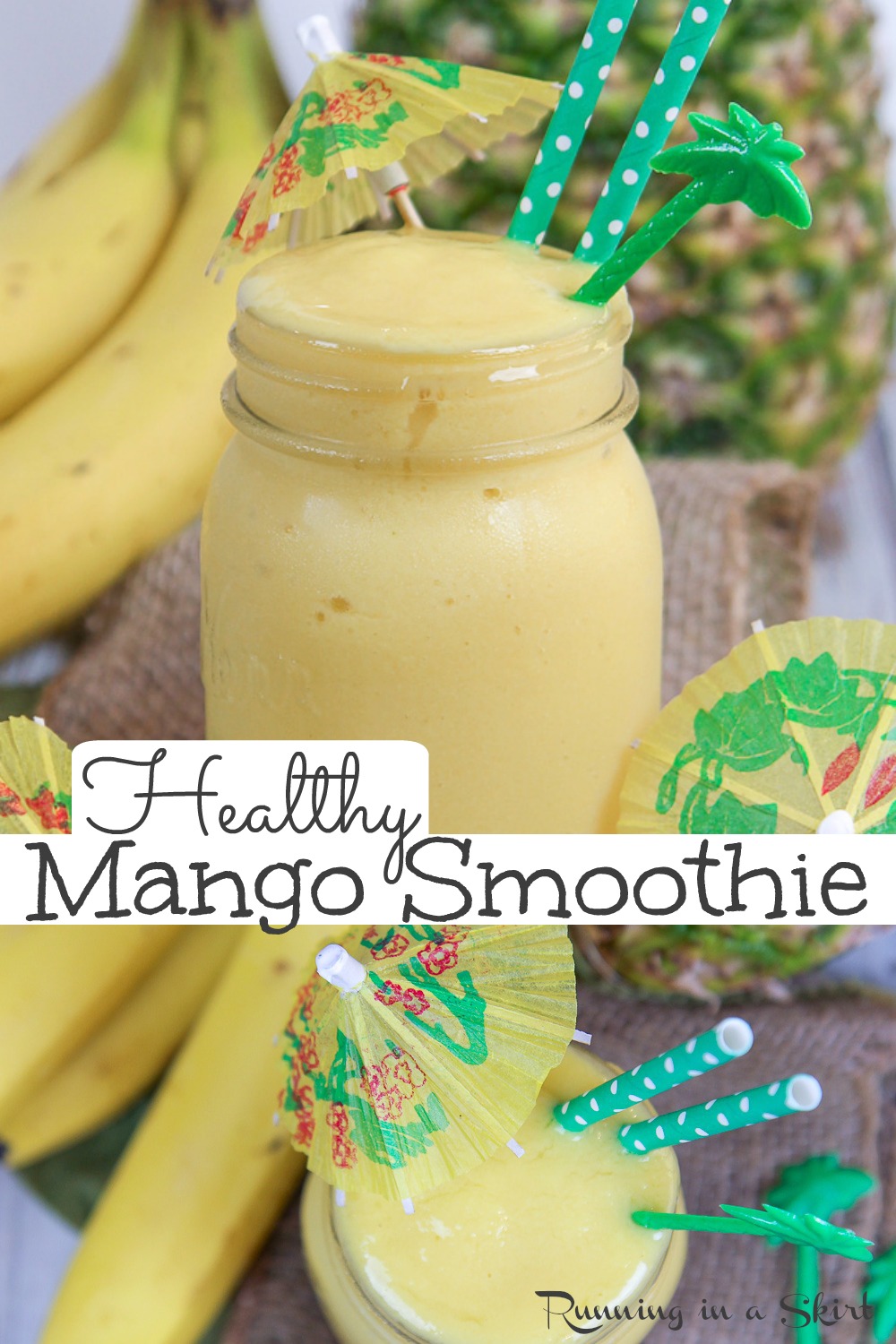 Healthy Mango Smoothie - the BEST Mango Pineapple Smoothie with Banana. Only 4 Ingredients! Super easy, healthy, and uses frozen fruit and coconut milk. A creamy vegan recipe without yogurt. Includes how to make a smoothie instruction. The perfect healthy breakfast. Clean Eating, Dairy Free, Low Calorie, Gluten Free / Running in a Skirt #vegetarian #vegan #vegansmoothie #smoothie #mango #cleaneating via @juliewunder