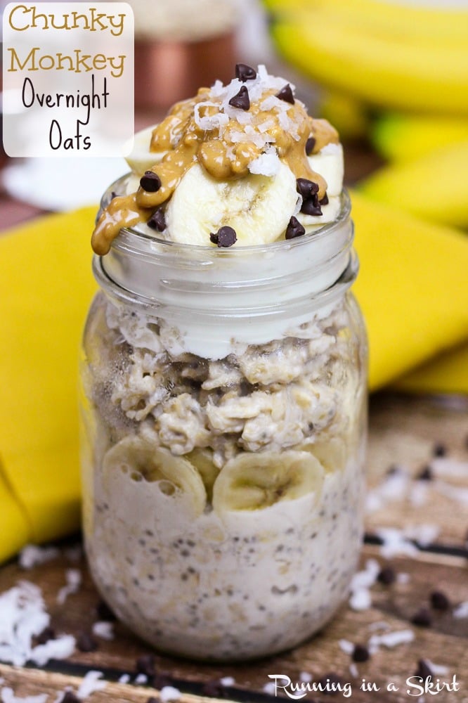Peanut Butter Chunky Monkey Overnight Oats recipe, healthy and easy breakfast with peanut butter/ Running in a Skirt #SpreadtheMagic