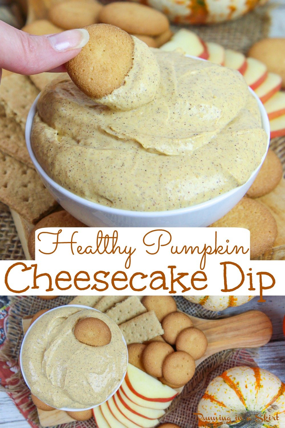 Healthy Pumpkin Cheesecake Dip recipe - only 6 Ingredients! This skinny, easy and fluffy Pumpkin Dip is made with cream cheeses, greek yogurt, maple syrup, and pumpkin. The best dip for Halloween, Fall parties or Thanksgiving. Vegetarian / Running in a Skirt #vegetarian #healthy #thanksgiving #fallfood #recipe #pumpkin #healthyliving via @juliewunder