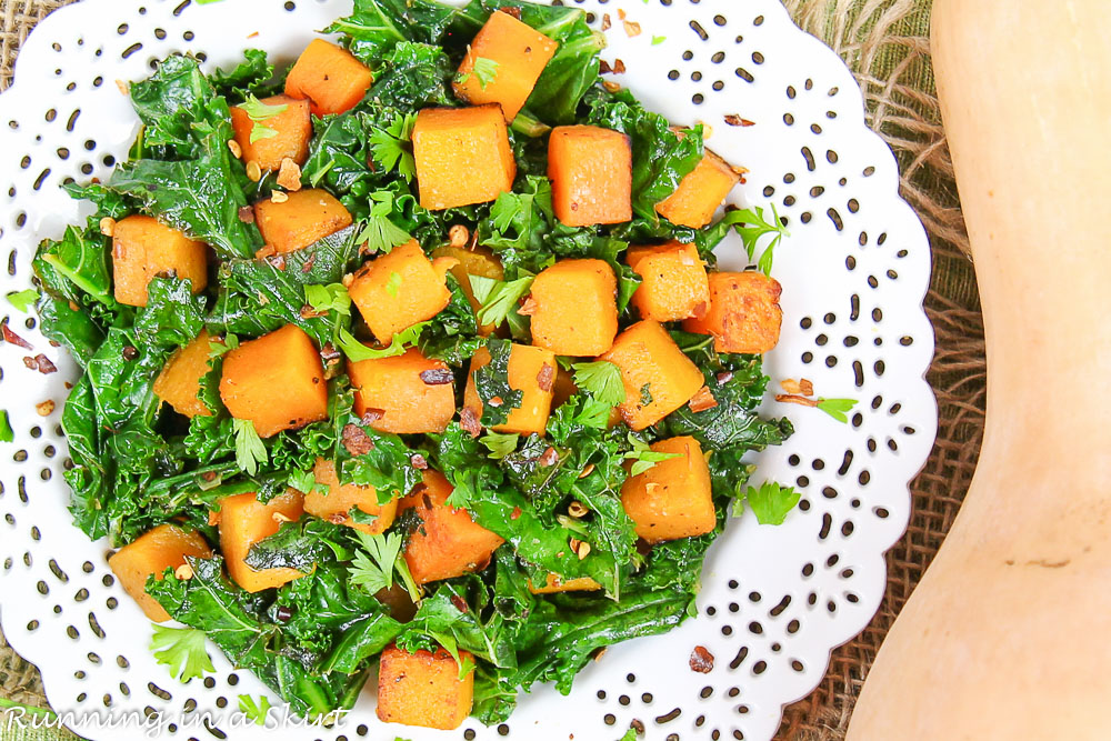 Butternut Squash and Kale on a white plate.