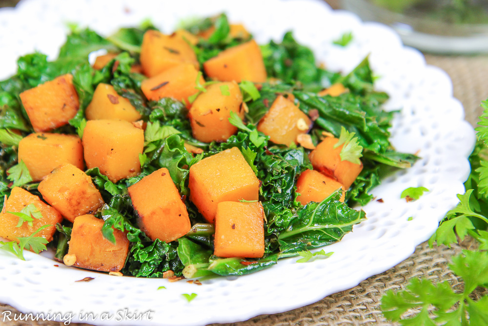 Close up of butternut squash and kale.