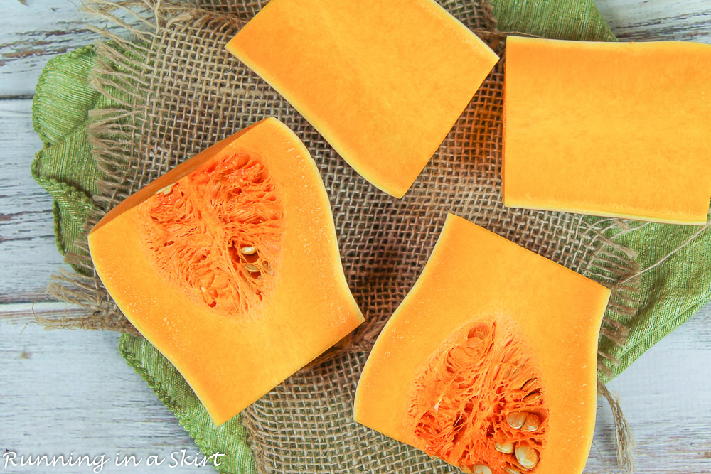 Process shot showing how to cut a butternut squash.