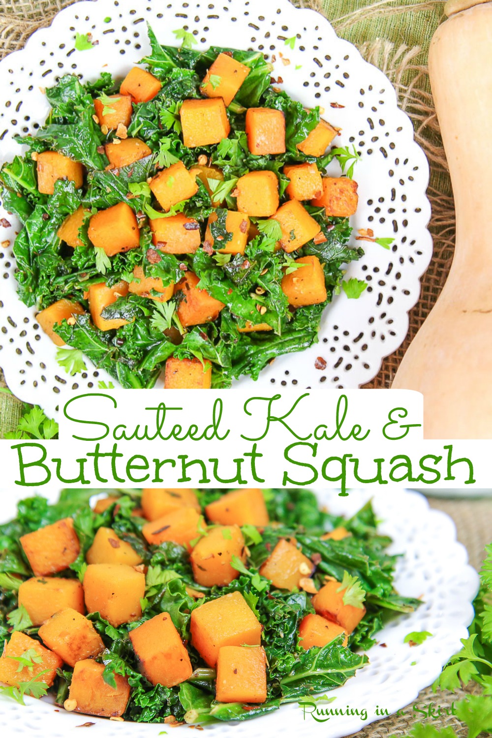 Sauteed Kale & Butternut Squash recipe - Vegetarian or Vegan Side Dish for Thanksgiving or Fall. Includes step by step how to cook instructions. Use as a side dish, on top of a grain bowl, or even filling for a wrap or quesadilla. Vegan, Vegetarian, Gluten Free, Keto / Running in a Skirt #thanksgiving #vegetarian #sidedish #kale #healthy #healthyliving via @juliewunder