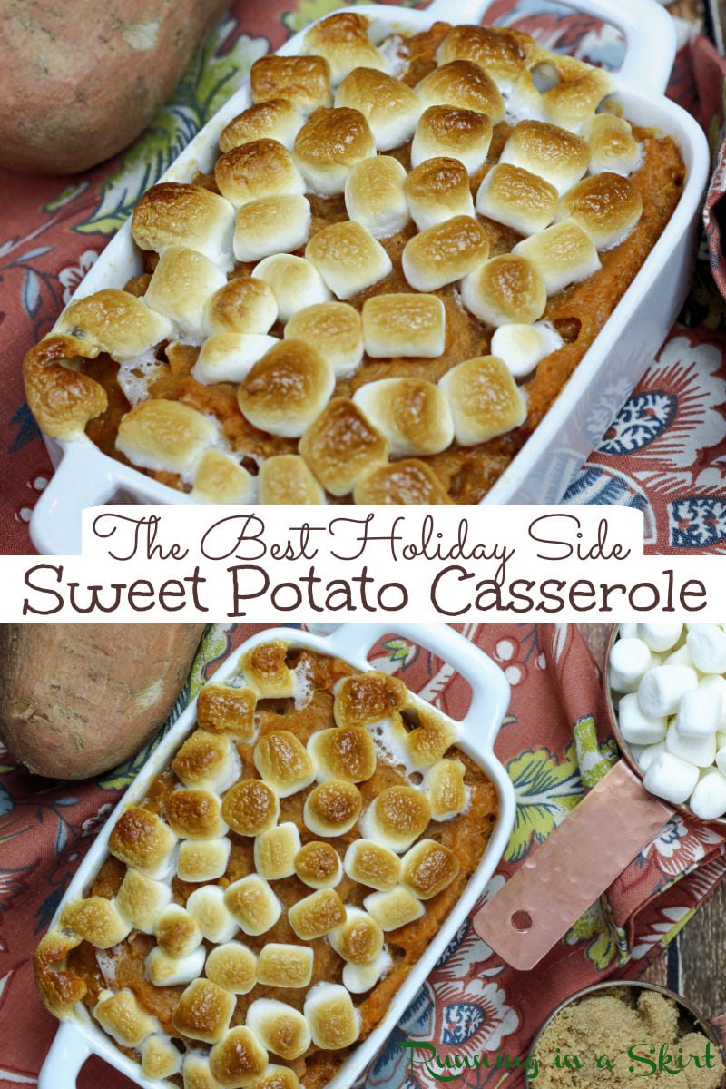 The Best Sweet Potato Casserole with marshmallows recipe! My Mom's easy, simple famous family recipe! This is the real deal with brown sugar, butter and without nuts! The best comfort foods for dinners and the perfect addition to Thanksgiving dinner. A great holiday, fall or Thanksgiving sides. | Running in a Skirt via @juliewunder