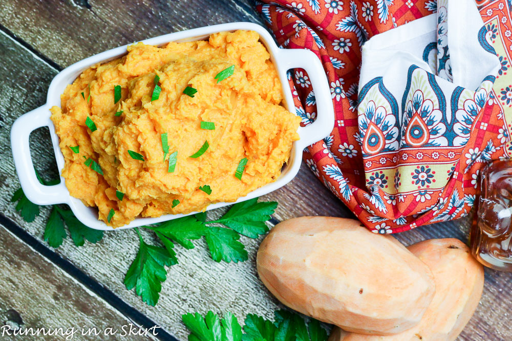 Healthy Honey Mashed Sweet Potatoes- secret creamy ingredient!/ Running in a Skirt