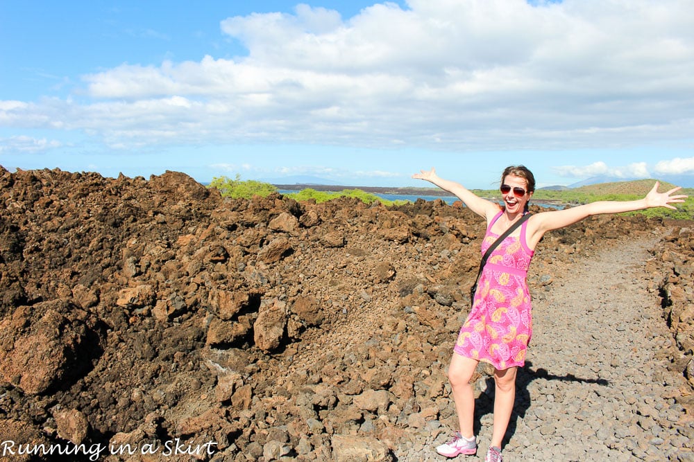 Best Maui Hikes - past La Perouse Bay hike to black, white and green sand beach called Keawanaku./ Running in a Skirt
